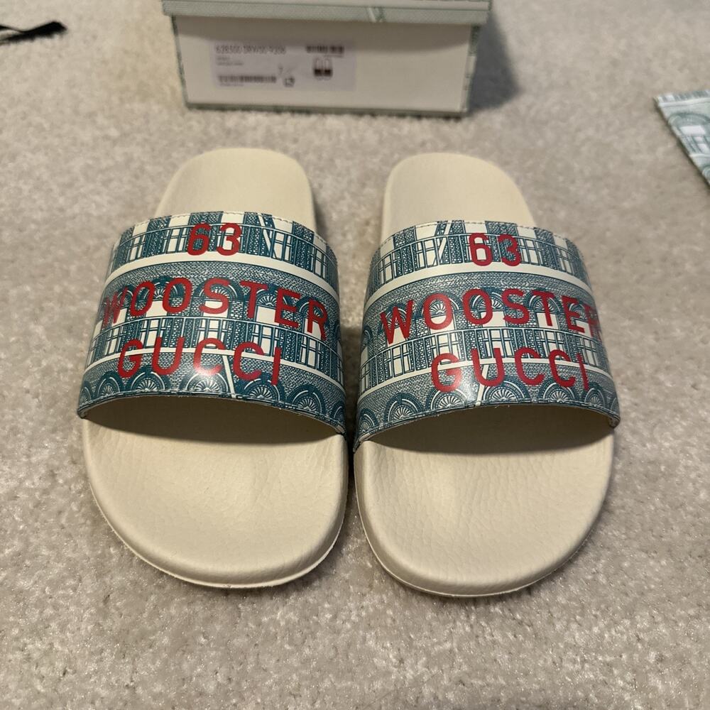 AUTHENTIC GUCCI 63 WOOSTER PRINT SLIDE SANDALS GG SZ 7 EXCLUSIVE RELEASE RARE